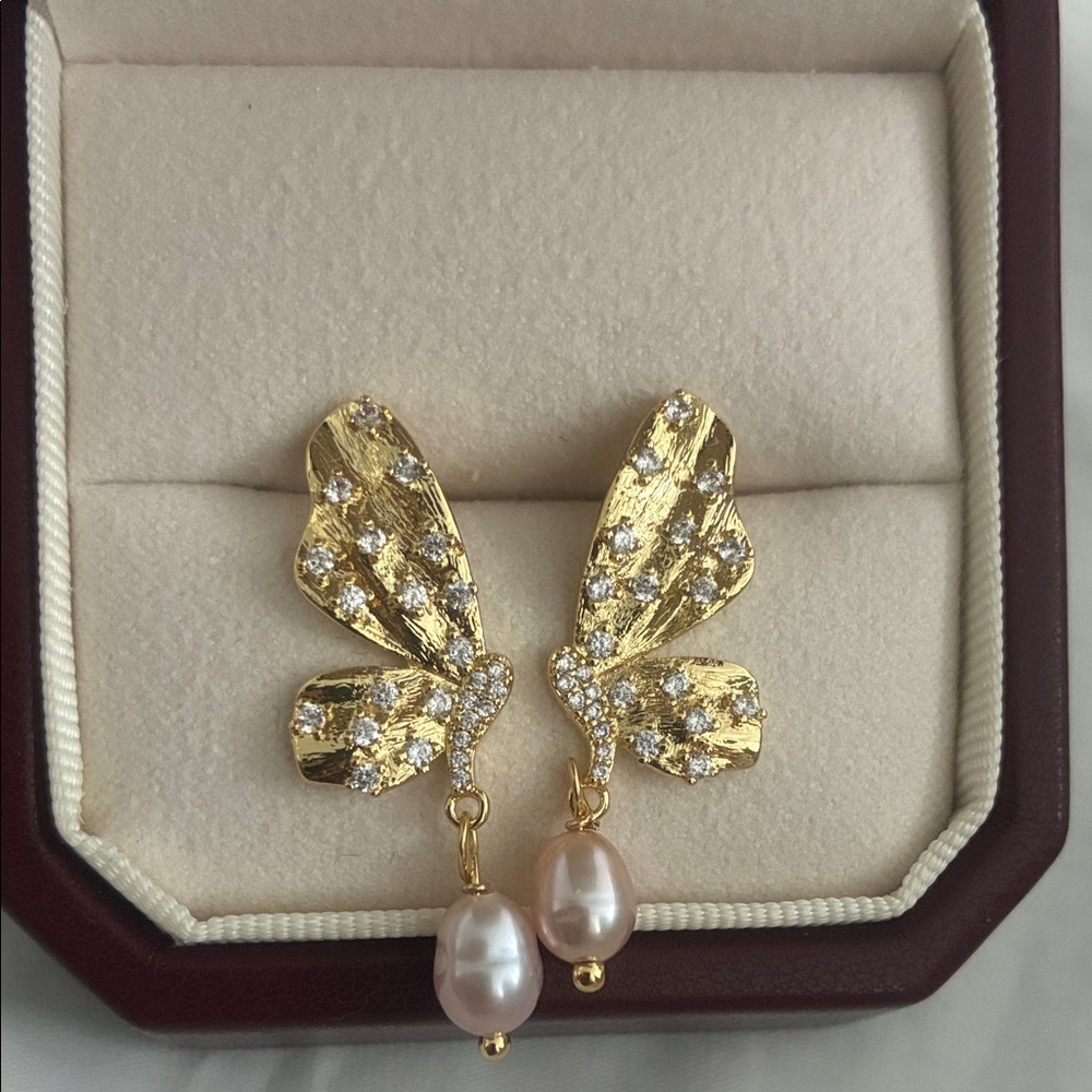 Gold Butterfly Earrings with Pearl Accents